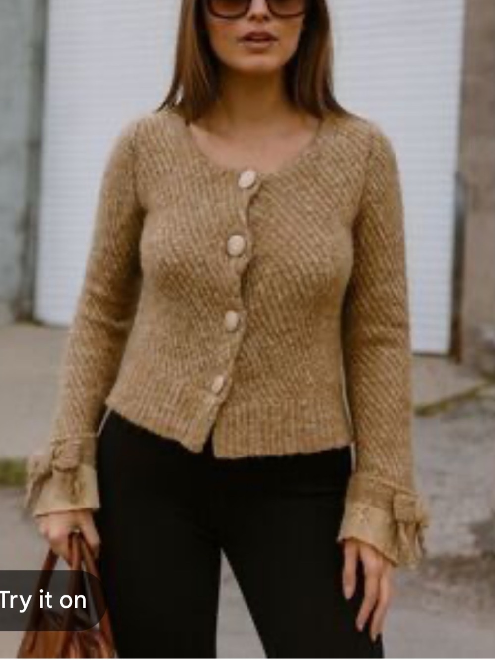 Anthropologie Moth Wool Lace Brown Button-Front Knit Bow Sleeve Cardigan sz M